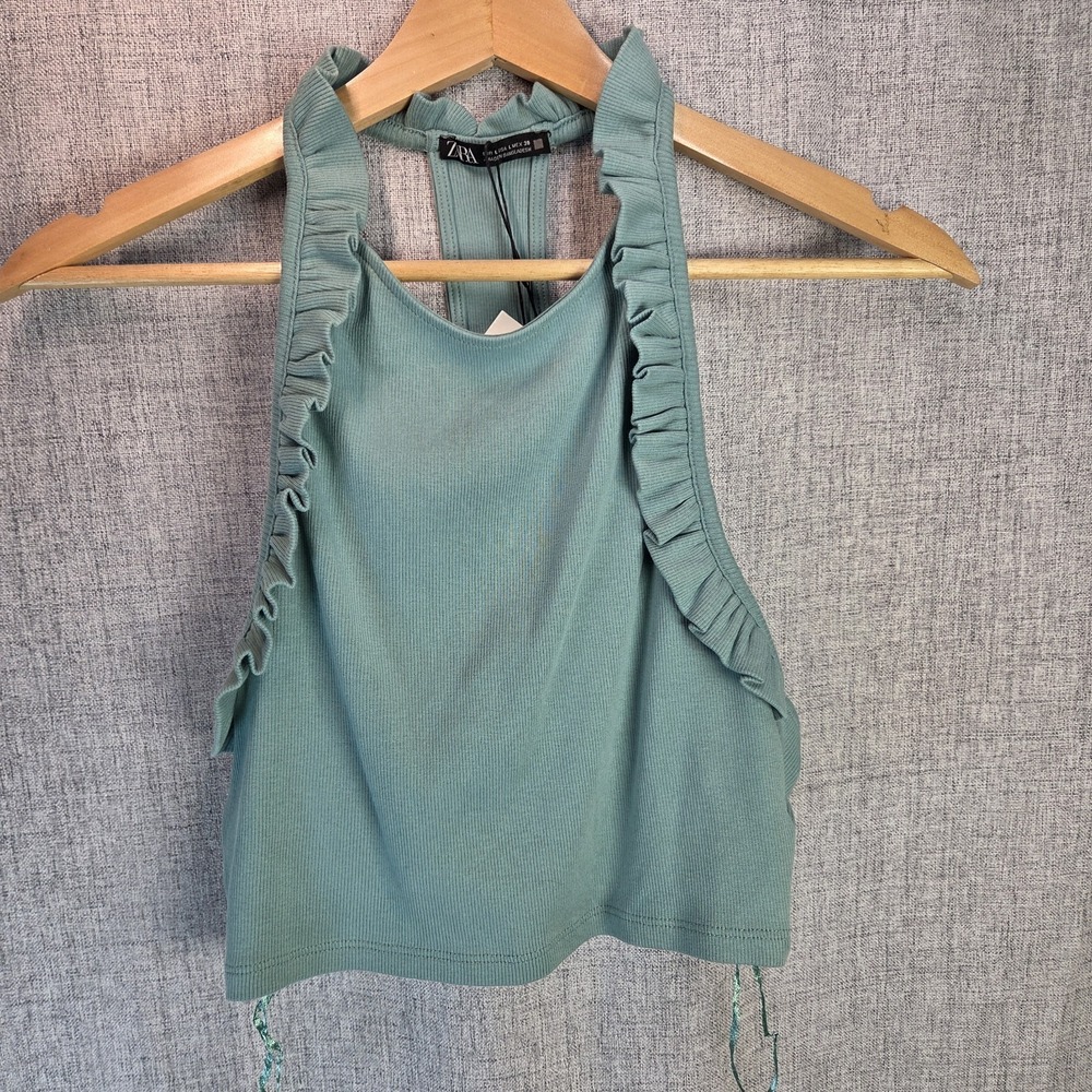 Zara Womens Large Ruffles Ribbed Halter Top Blogger Blue/Green Tank Coastal NWT